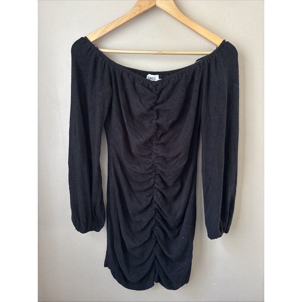 Princess Polly Ruched Mini Dress NWT Womens 10 Black Off Shoulder